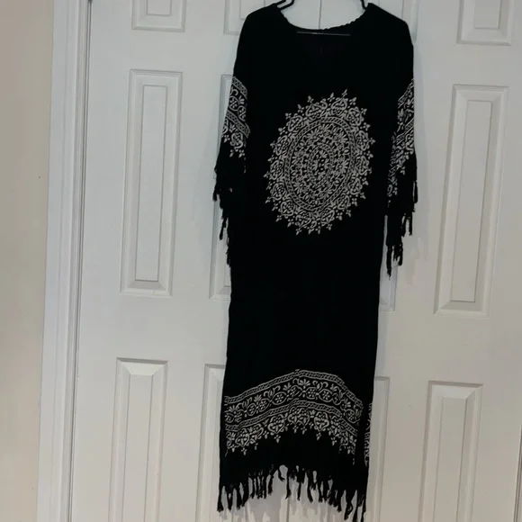 Vintage style Boho chic white black dress with fringe details Sz M - Picture 3 of 13